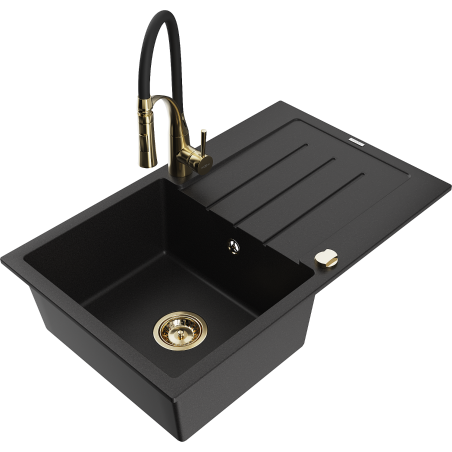 Mexen Bruno Granitspüle 1-Becken mit Abtropffläche und Küchenarmatur Aster, schwarz - 6513-77-73450-57-G