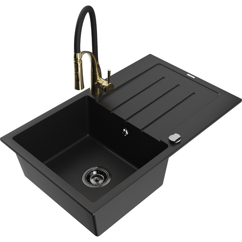 Mexen Bruno fregadero de granito de 1 cubeta con escurridor y grifo de cocina Aster, negro - 6513-77-73450-57-B