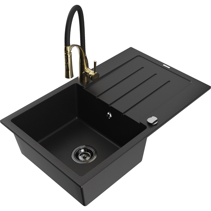 Mexen Bruno fregadero de granito de 1 seno con escurridor y grifo de cocina Aster, negro - 6513-77-73450-57-B