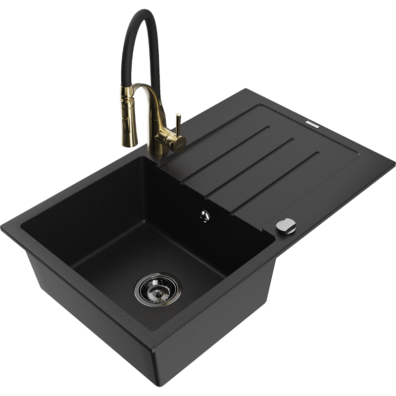 Mexen Bruno granite sink 1-bowl with drainer and Aster kitchen tap, black - 6513-77-73450-57-B