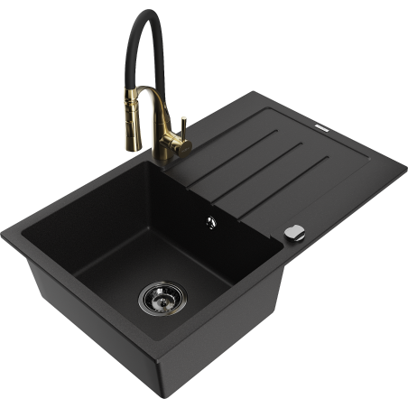 Mexen Bruno granite sink 1-bowl with drainer and Aster kitchen tap, black - 6513-77-73450-57-B