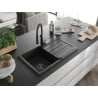 Mexen Bruno granite sink 1-bowl with drainer and Aster kitchen tap, black - 6513-77-73450-70-B