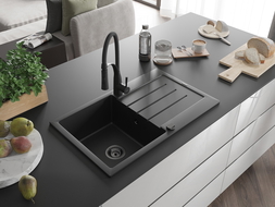 Mexen Bruno Granitspüle 1-Becken mit Abtropffläche und Küchenarmatur Aster, schwarz - 6513-77-73450-70-B