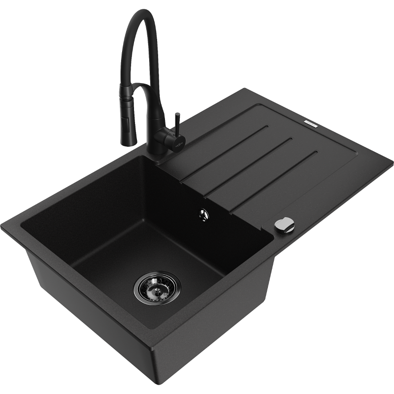 Mexen Bruno granite sink 1-bowl with drainer and Aster kitchen tap, black - 6513-77-73450-70-B