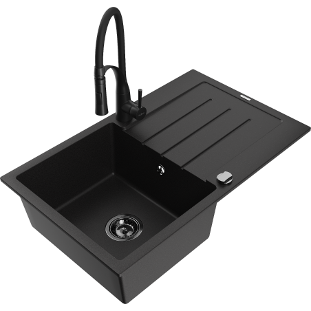 Mexen Bruno 1-bowl granite sink with drainer and Aster kitchen faucet, black - 6513-77-73450-70-B