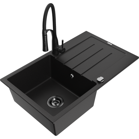 Mexen Bruno granite sink 1-bowl with drainer and Aster kitchen tap, black - 6513-77-73450-70-B