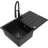 Mexen Bruno granite sink 1-bowl with drainer and Aster kitchen tap, black - 6513-77-73450-70-B