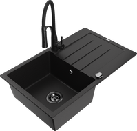 Mexen Bruno Granitspüle 1-Becken mit Abtropffläche und Küchenarmatur Aster, schwarz - 6513-77-73450-70-B