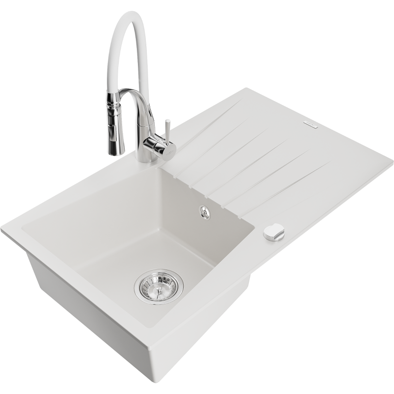Mexen Cesar fregadero de granito de 1 cubeta con escurridor y grifo de cocina Aster, blanco - 6514-20-73450-02