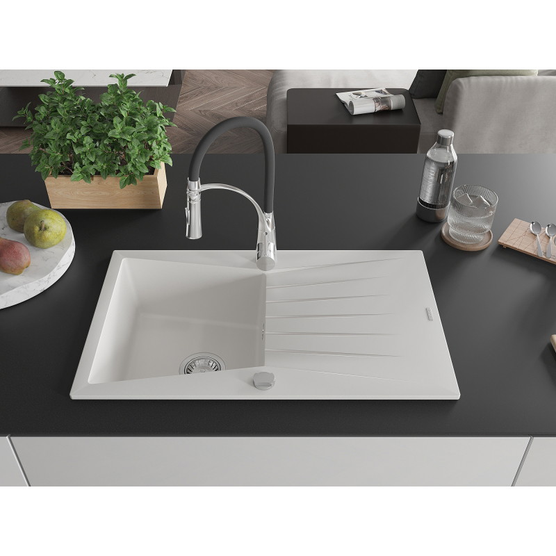 Mexen Cesar fregadero de granito de 1 compartimento con escurridor y grifo de cocina Aster, blanco - 6514-20-73450-07