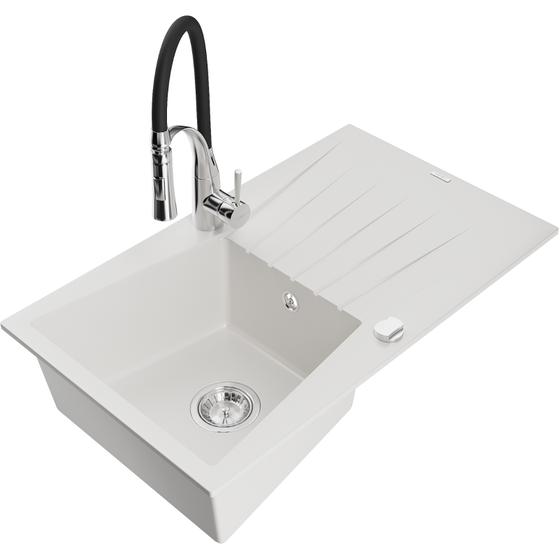 Mexen Cesar fregadero de granito de 1 cubeta con escurridor y grifo de cocina Aster, blanco - 6514-20-73450-07