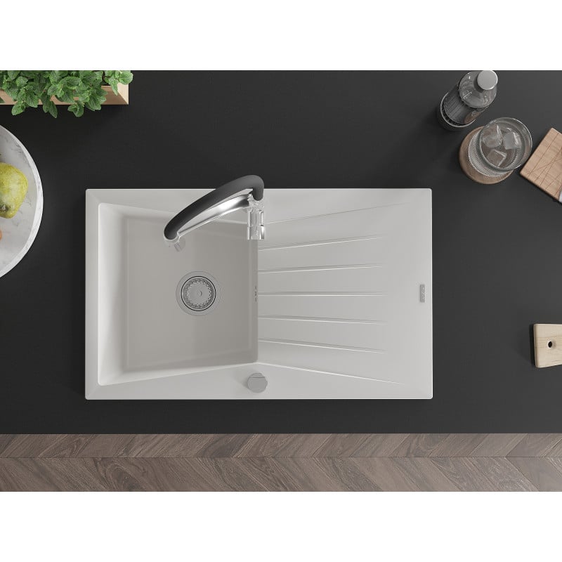 Mexen Cesar fregadero de granito de 1 cubeta con escurridor y grifo de cocina Aster, blanco - 6514-20-73450-07