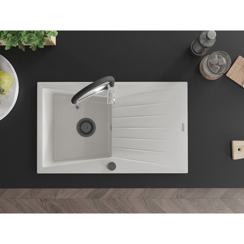 Mexen Cesar fregadero de granito 1 cubeta con escurridor y grifo de cocina Aster, blanco - 6514-20-73450-07-B