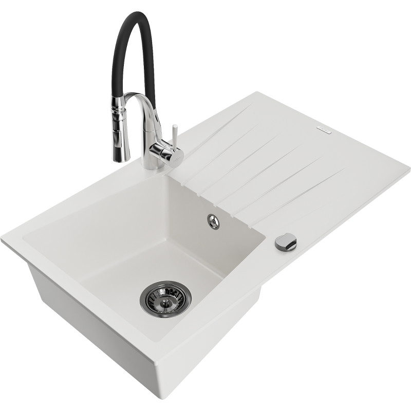 Mexen Cesar granitspüle 1-becken mit abtropffläche und küchenarmatur Aster, weiß - 6514-20-73450-07-B