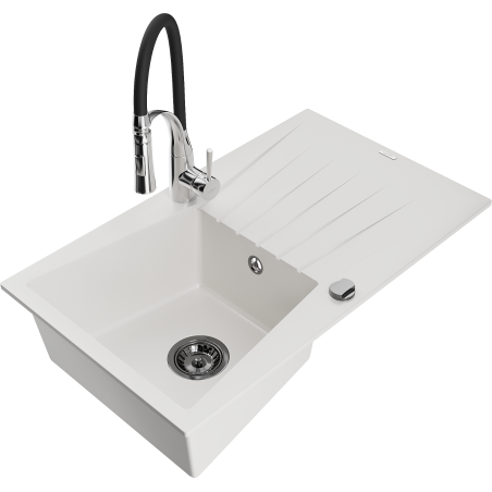 Mexen Cesar 1-bowl granite sink with drainer and Aster kitchen tap, white - 6514-20-73450-07-B