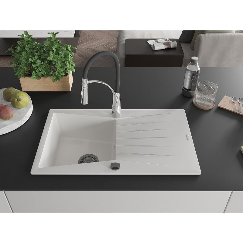Mexen Cesar 1-bowl granite sink with drainer and Aster kitchen tap, white - 6514-20-73450-07-B