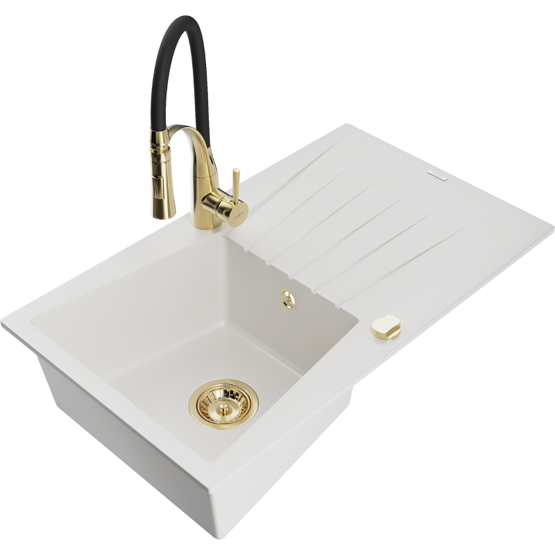 Mexen Cesar lava-loiça de granito de 1 bacia com escorredor e torneira de cozinha Aster, branco - 6514-20-73450-57-G