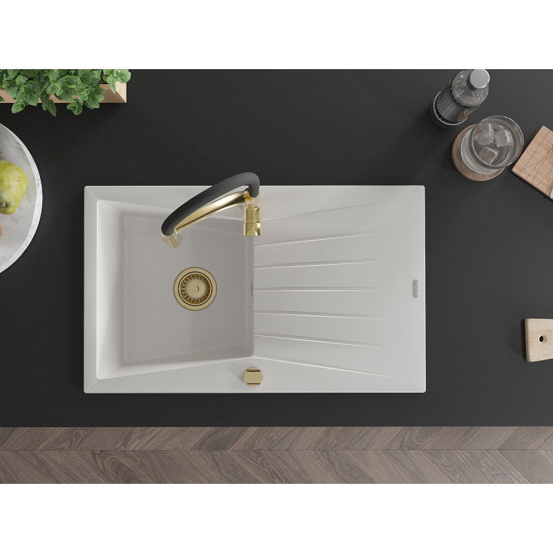 Mexen Cesar fregadero de granito de 1 compartimento con escurridor y grifo de cocina Aster, blanco - 6514-20-73450-57-G
