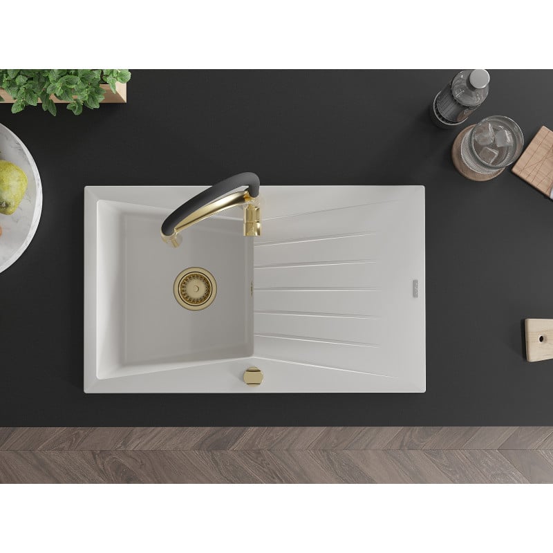 Mexen Cesar lava-loiça de granito de 1 bacia com escorredor e torneira de cozinha Aster, branco - 6514-20-73450-57-G