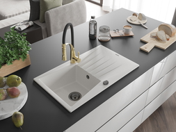 Mexen Cesar fregadero de granito de 1 cubeta con escurridor y grifo de cocina Aster, blanco - 6514-20-73450-57-B