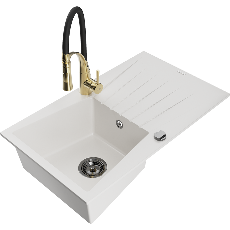 Mexen Cesar granite sink 1-bowl with drainer and Aster kitchen tap, white - 6514-20-73450-57-B