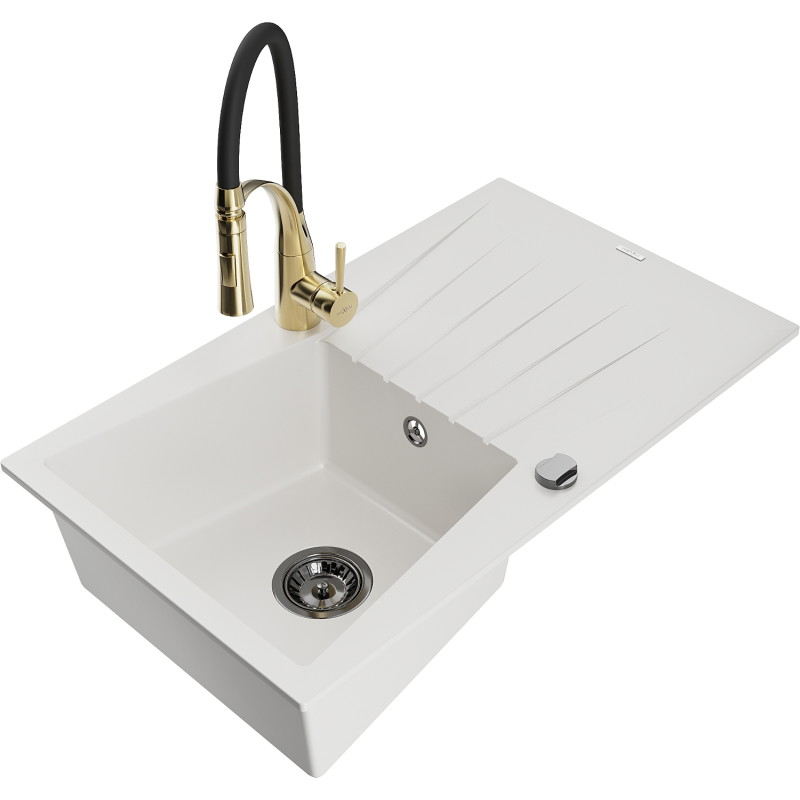 Mexen Cesar Granitspüle 1-Becken mit Abtropffläche und Küchenarmatur Aster, weiß - 6514-20-73450-57-B