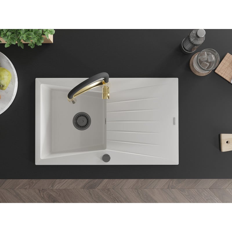 Mexen Cesar granite sink 1-bowl with drainer and Aster kitchen tap, white - 6514-20-73450-57-B