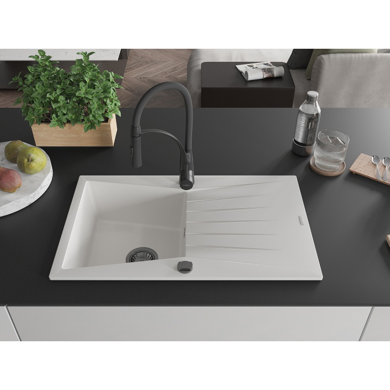 Mexen Cesar fregadero de granito de 1 seno con escurridor y grifo de cocina Aster, blanco - 6514-20-73450-70-B