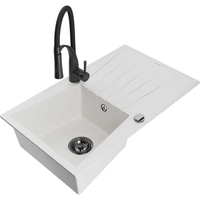 Mexen Cesar évier en granit 1 bac avec égouttoir et robinet de cuisine Aster, blanc - 6514-20-73450-70-B