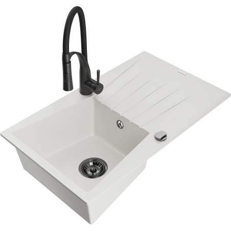 Mexen Cesar 1-bowl granite sink with drainer and Aster kitchen tap, white - 6514-20-73450-70-B