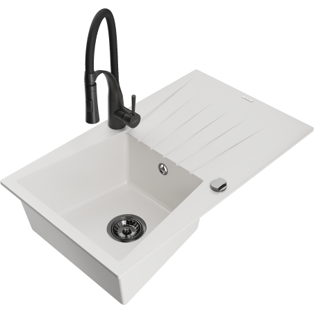 Mexen Cesar fregadero de granito de 1 cubeta con escurridor y grifo de cocina Aster, blanco - 6514-20-73450-70-B