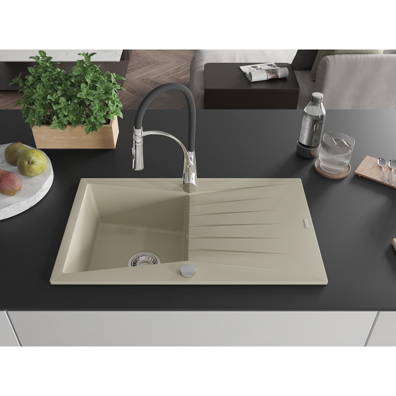 Mexen Cesar fregadero de granito de 1 senos con escurridor y grifo de cocina Aster, beige - 6514-69-73450-07