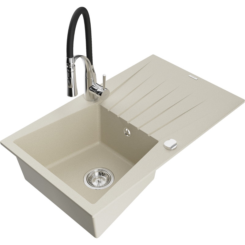 Mexen Cesar granit gootsteen 1-kuips met afdruiprek en keukenmengkraan Aster, beige - 6514-69-73450-07