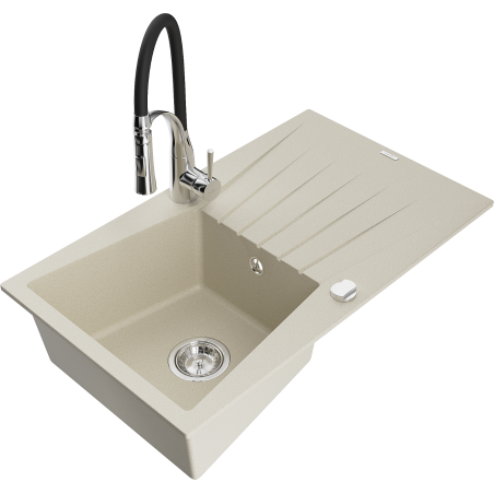 Mexen Cesar évier en granit 1 bac avec égouttoir et robinet de cuisine Aster, beige - 6514-69-73450-07