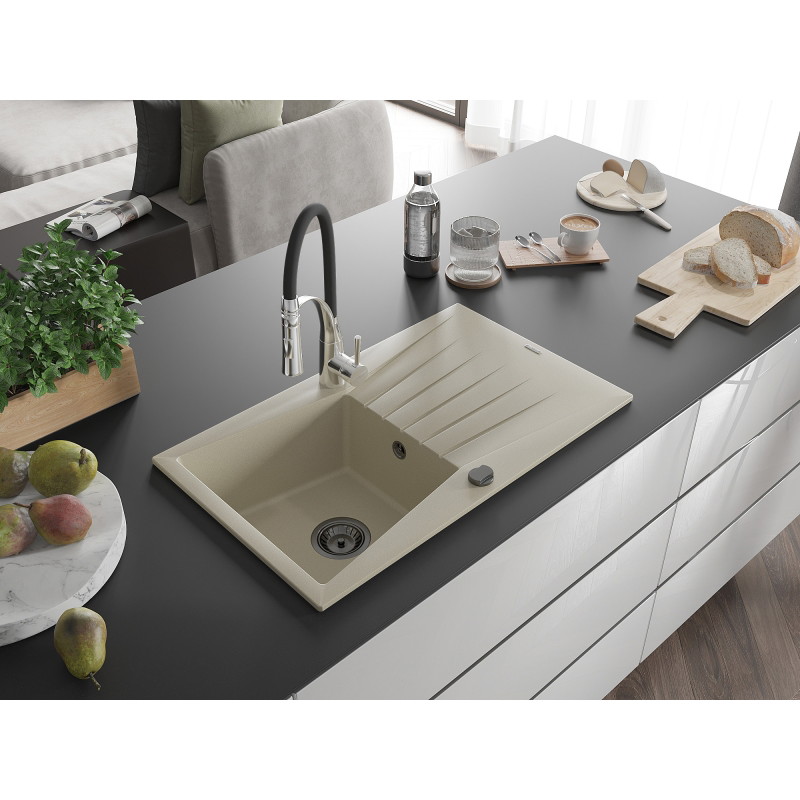 Mexen Cesar fregadero de granito de 1 cuenca con escurridor y grifo de cocina Aster, beige - 6514-69-73450-07-B
