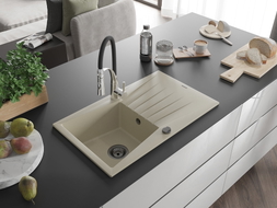 Mexen Cesar Granitspüle 1-Becken mit Abtropffläche und Küchenarmatur Aster, beige - 6514-69-73450-07-B