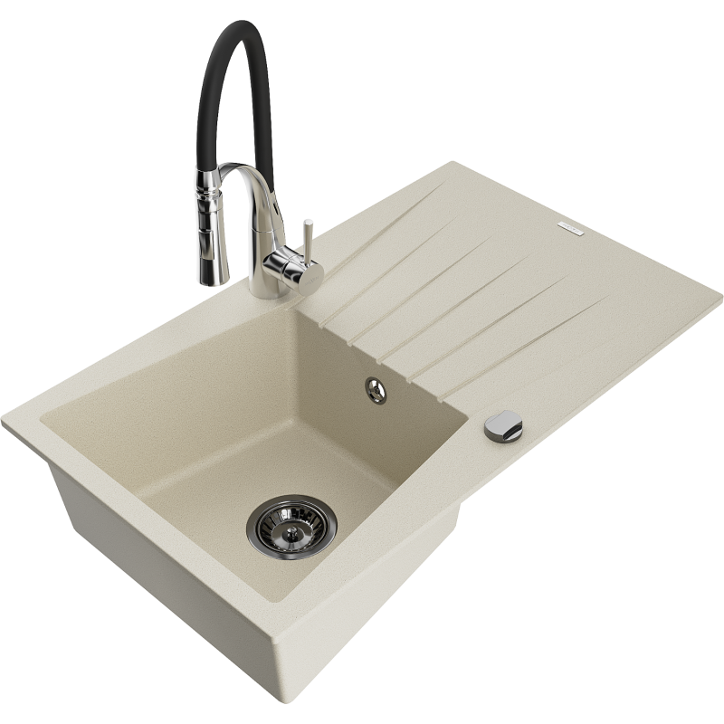 Mexen Cesar fregadero de granito de 1 tina con escurridor y grifo de cocina Aster, beige - 6514-69-73450-07-B