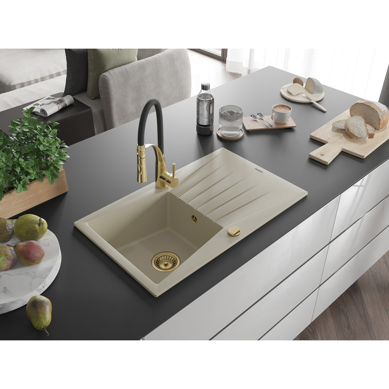Mexen Cesar Granitspüle 1-beckig mit Abtropffläche und Küchenarmatur Aster, beige - 6514-69-73450-57-G