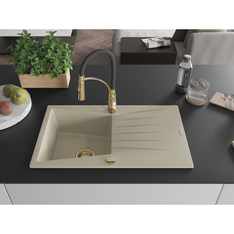 Mexen Cesar lavello in granito a 1 vasca con scolapiatti e rubinetto da cucina Aster, beige - 6514-69-73450-57-G