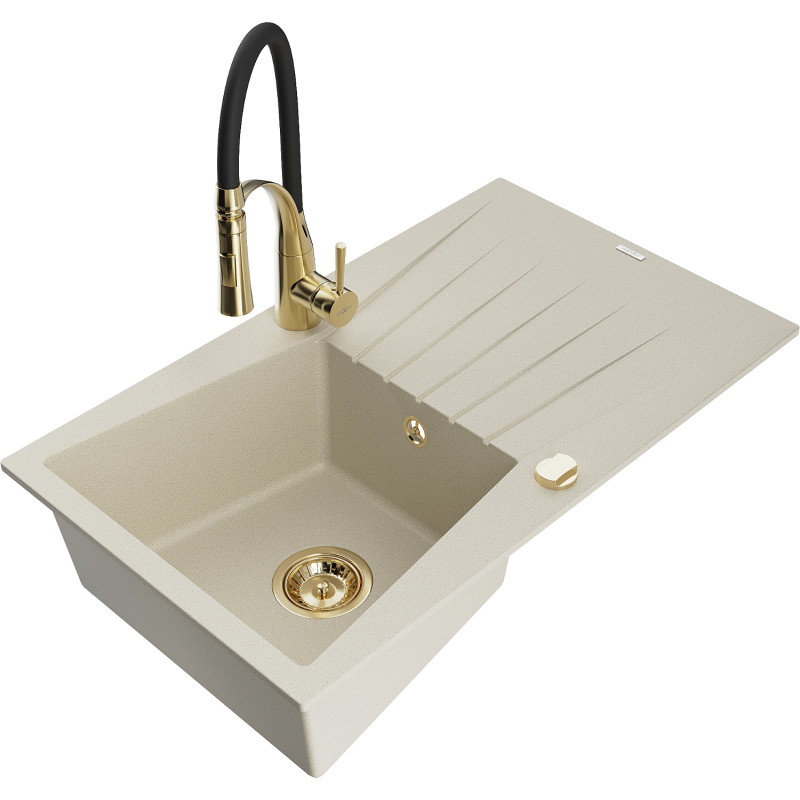Mexen Cesar fregadero de granito de 1 seno con escurridor y grifo de cocina Aster, beige - 6514-69-73450-57-G