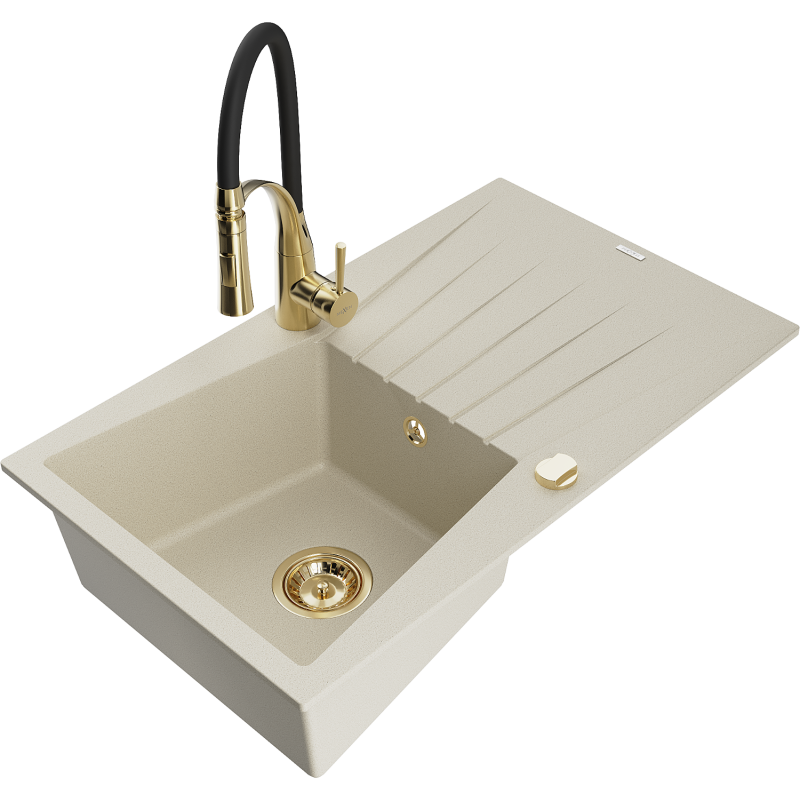 Mexen Cesar granitdiskbänk med 1-fack med avrinningsyta och köksblandare Aster, beige - 6514-69-73450-57-G