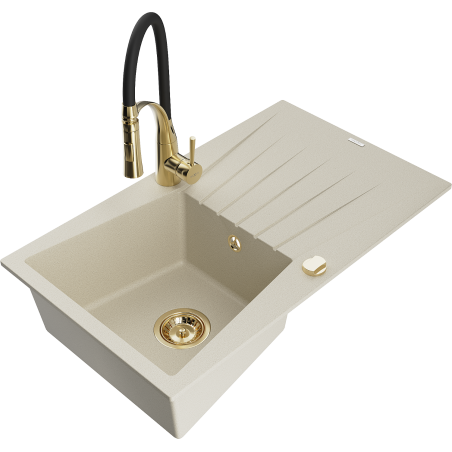Mexen Cesar fregadero de granito de 1 cuenco con escurridor y grifo de cocina Aster, beige - 6514-69-73450-57-G