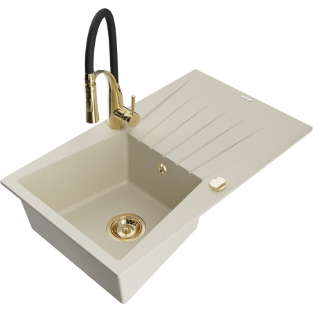 Mexen Cesar granite sink with 1 basin, drainer, and Aster kitchen tap, beige - 6514-69-73450-57-G