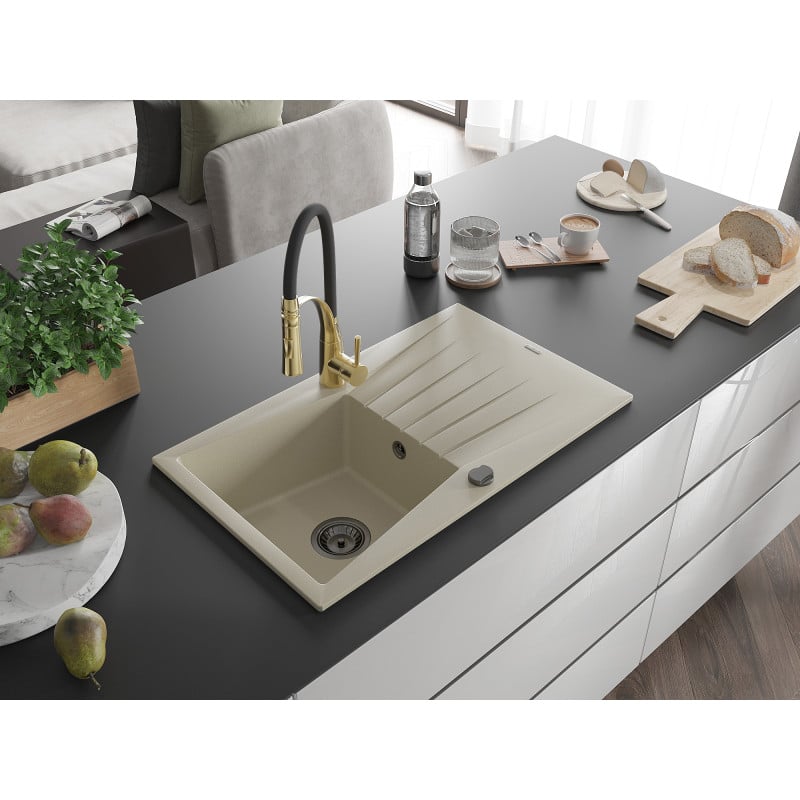 Mexen Cesar fregadero de granito de 1 seno con escurridor y grifo de cocina Aster, beige - 6514-69-73450-57-B