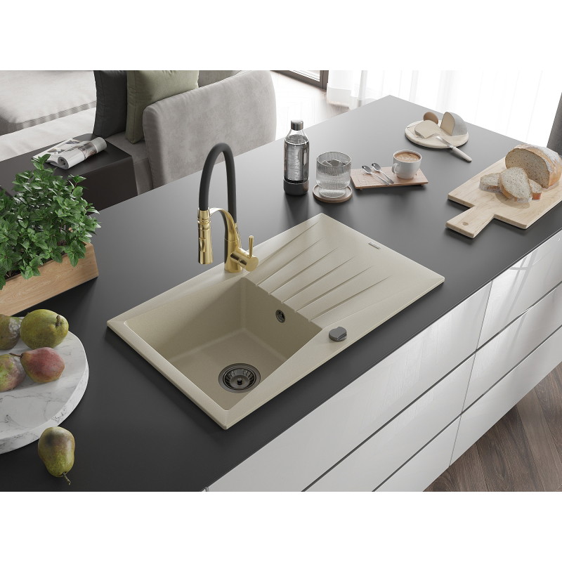 Mexen Cesar granit gootsteen 1-komp met afdruiprek en keukenmengkraan Aster, beige - 6514-69-73450-57-B