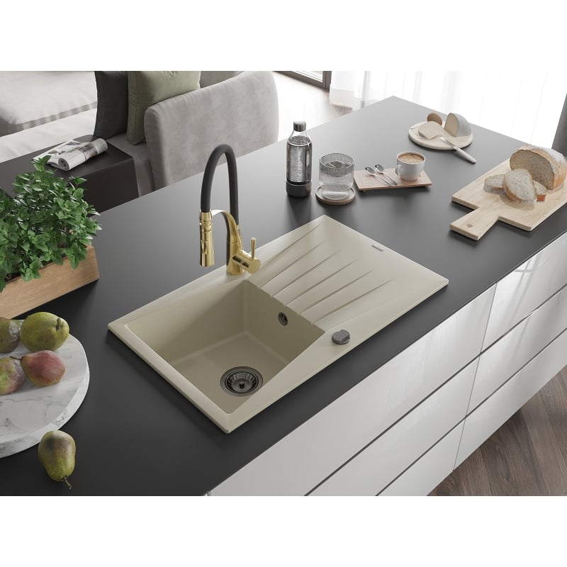 Mexen Cesar granite single-bowl sink with drainer and Aster kitchen faucet, beige - 6514-69-73450-57-B