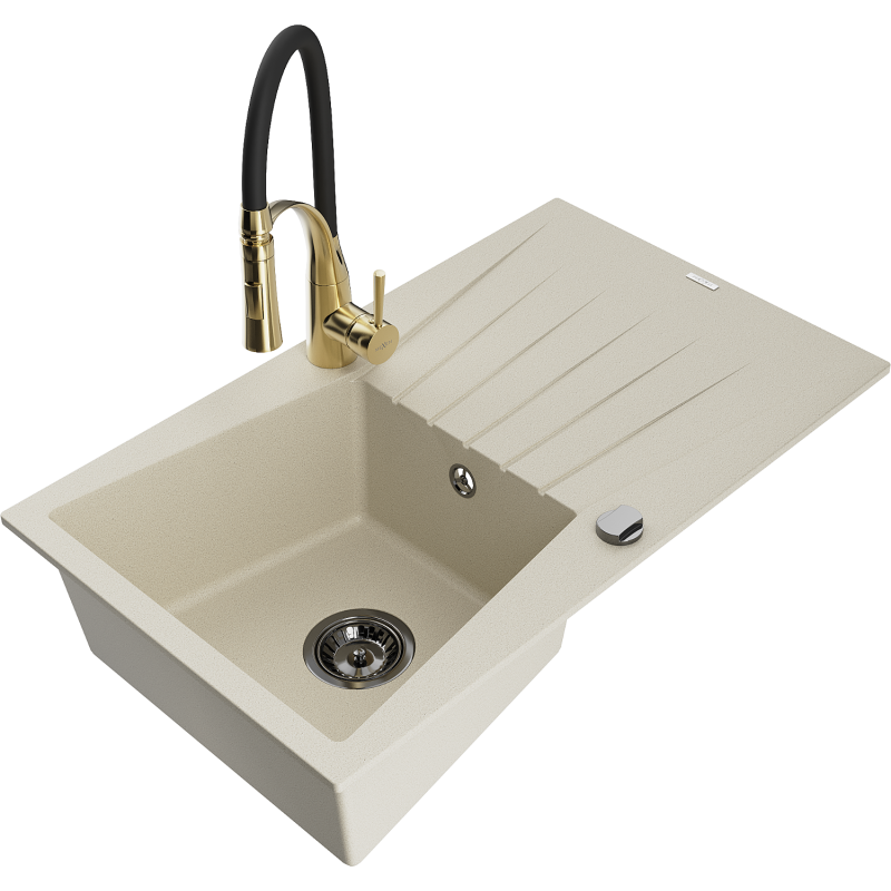Mexen Cesar fregadero de granito de 1 seno con escurridor y grifo de cocina Aster, beige - 6514-69-73450-57-B