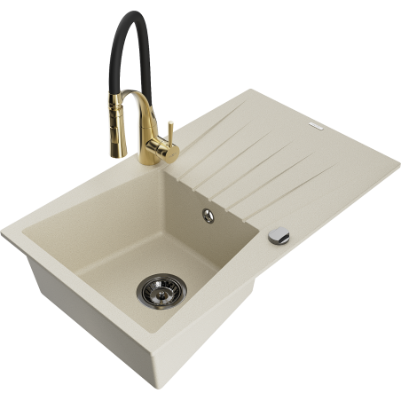 Mexen Cesar 1-Kammern Granitspüle mit Abtropffläche und Küchenarmatur Aster, beige - 6514-69-73450-57-B