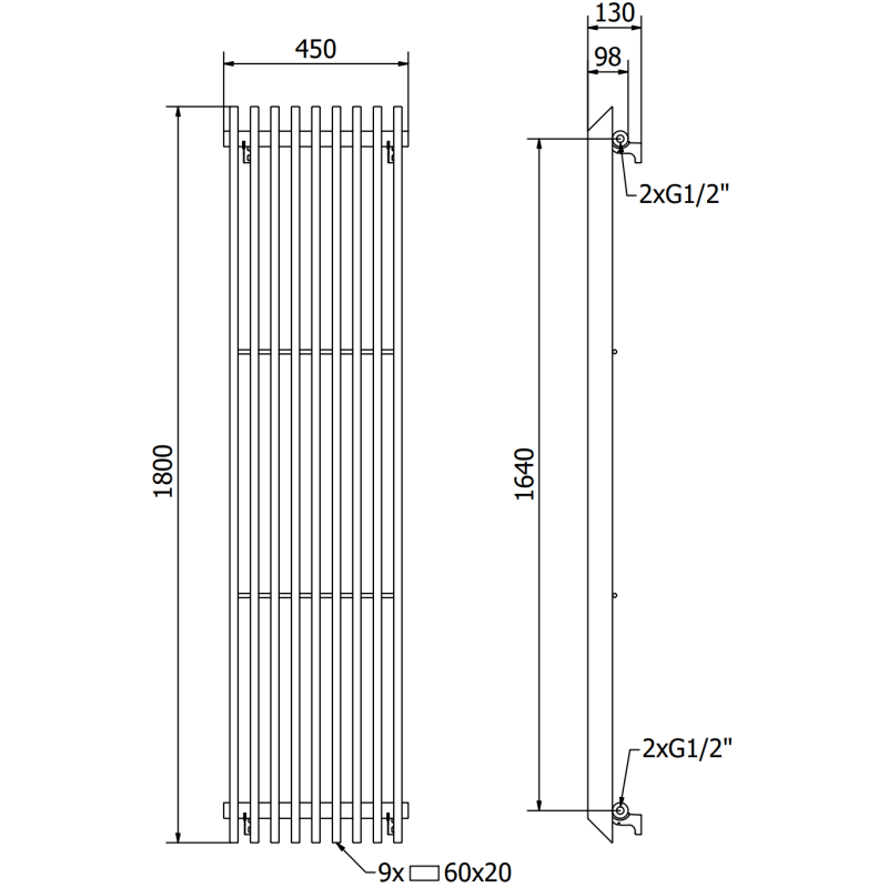 Mexen Aurora decoratieve radiator 1800 x 450 mm, 1347 W, zwart - W212-1800-450-00-70