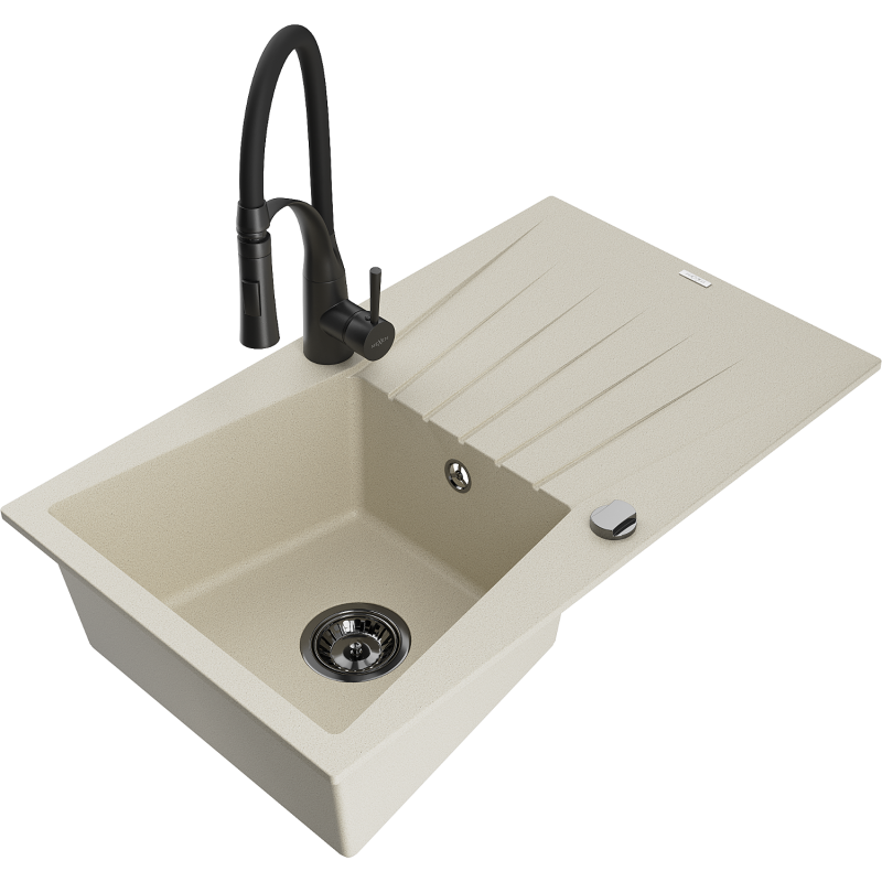 Mexen Cesar fregadero de granito de 1 cubeta con escurridor y grifo de cocina Aster, beige - 6514-69-73450-70-B